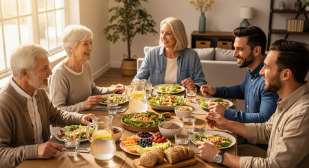 a family is enjoying a meal together at a table with salads and bread in a bright and sunny dining roomの素材