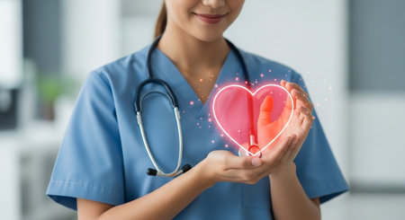 a nurse in scrubs holds a glowing heart in her hands, wearing a stethoscope, in a hospital environmentの素材