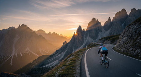 a cyclist rides along a winding road through the mountains as the sun sets in the background with a clear skyの素材