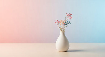 a white vase with colorful flowers sits on a table against a pastel pink and blue gradient backdropの素材