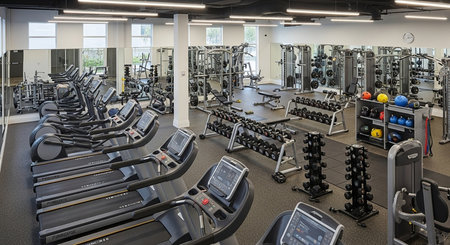 a well lit gym with treadmills weights and machines for exercise and fitness training in a modern facilityの素材