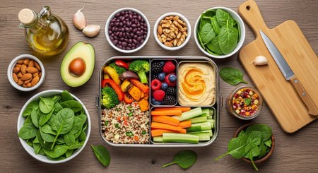 an overhead shot of a healthy lunch box with fresh ingredients on a wooden surface, top view, food photoの素材
