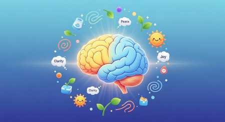 a stylized brain surrounded by elements of joy clarity and peace against a blue gradient background designの素材