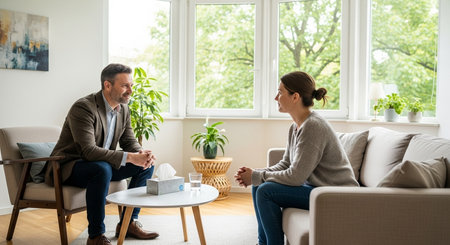 a man and woman are sitting facing each other in a bright room with a window and plants during the daytimeの素材