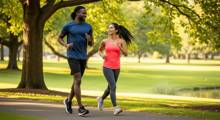 a man and woman are jogging in a park on a sunny day with green grass and trees around them on a pathの素材