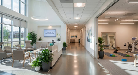 a modern medical center interior with a bright waiting area and physical therapy equipment visible inside the roomの素材