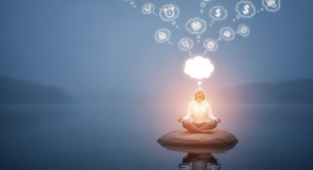 a woman meditates on a rock surrounded by water with thought bubbles floating above her head in the calm sceneの素材