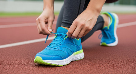 a person tying their blue running shoe on a red track preparing for a run or workout with focus and energyの素材