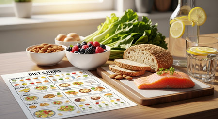 a vibrant display of healthy food choices, including salmon, berries, nuts, bread and a diet chart guideの素材