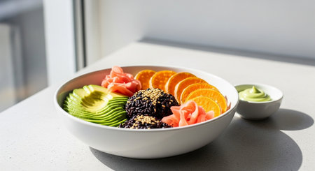 a close up shot of a colorful poke bowl with avocado, rice, sweet potato and ginger near a bright window lightの素材