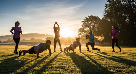 a group of people exercising outdoors on a grassy field during a sunny morning workout session togetherの素材