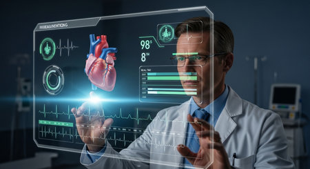 a doctor interacts with a futuristic interface displaying heart data and vital signs in a modern settingの素材