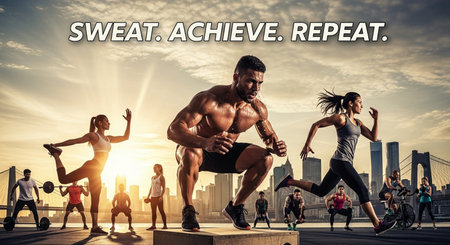 a group exercising outdoors with city skyline and motivational text above them in the bright sunny skyの素材