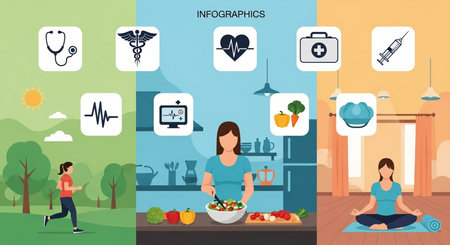 a colorful infographic showing running, healthy diet, and meditation for a healthy lifestyle and wellbeingの素材