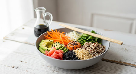 a colorful poke bowl with salmon, avocado, and quinoa on a white table, next to soy sauce pitcherの素材