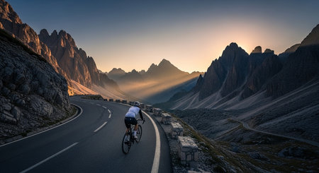 a cyclist rides on a winding road through mountains with sun rays shining through the mountain peaks at sunsetの素材