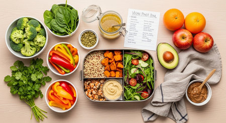 a vegan power bowl ingredients flat lay featuring fresh fruits, vegetables, and healthy meal prep elementsの素材