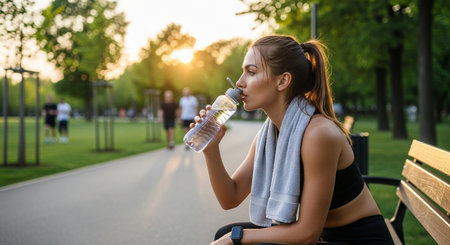 a woman is drinking water after exercising in a park. she is wearing a smartwatch and has a towel around neckの素材