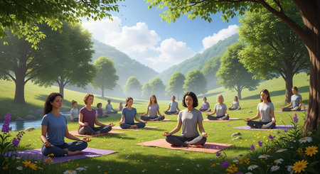 a group of women are meditating outdoors in a peaceful, green landscape with mountains in the backgroundの素材