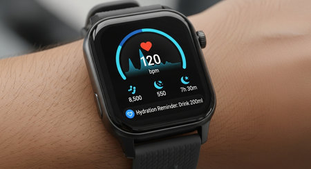 a smartwatch displays health data on a wrist, showing heart rate, steps, and hydration reminders clearlyの素材