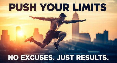 a man is jumping with text push your limits no excuses just results in front of a city skyline at sunsetの素材