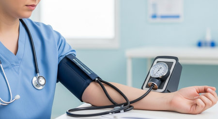 a nurse measures blood pressure using a sphygmomanometer and stethoscope in a medical setting. Health check.の素材