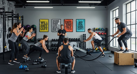 group fitness class with trainer and athletes in a modern gym doing squats and rope exercises togetherの素材