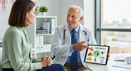 a doctor showing a patient an infographic on a tablet, offering health advice in a bright office settingの素材