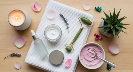 a spa scene with a candle, succulent, and beauty products arranged on a towel with rose petals around themの素材
