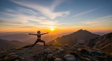a woman is doing yoga at sunrise on a mountain top with her arms extended and mountains in the backgroundの素材