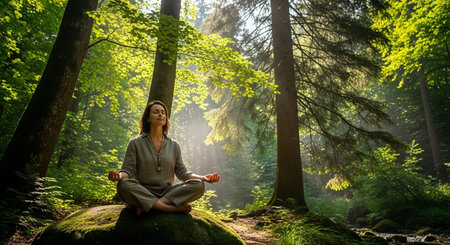 a woman meditates on a mossy rock in a forest with sunlight streaming through the trees and green foliageの素材