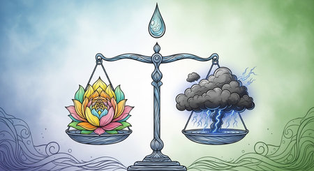 a balance scale with a lotus flower and storm cloud with lightning, symbolizing harmony and equilibrium.の素材