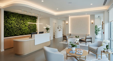 a modern reception area features a living wall, comfortable seating, and bright, spacious interior design elementsの素材