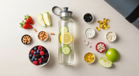 a flat lay of a water bottle with fruit, berries, and pills, promoting health and wellness on a gray surfaceの素材