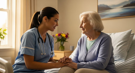 a nurse is holding an elderly woman's hands while she is in a hospital bed with flowers nearby on a tableの素材