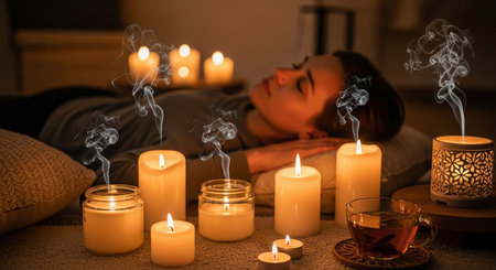 a serene scene with a woman relaxing amidst candles, tea, and gentle smoke for a cozy atmosphere insideの素材