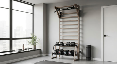 a bright home gym features wall bars, dumbbells, and a large window that provides ample natural lightの素材