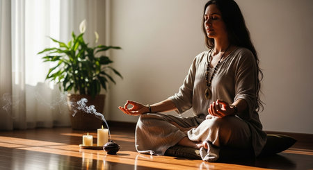 a woman is meditating on the floor with incense and candles in a bright room with a plant near a windowの素材