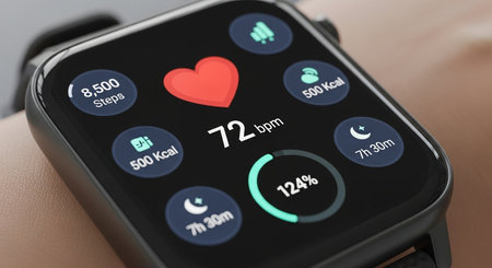 Modern smart watch with heart icon on screen. 3D rendering.の素材