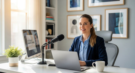 woman smiles at her desk with a microphone laptop and monitor in a bright and modern home office setupの素材
