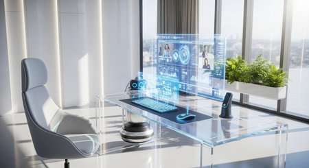 a bright futuristic office with a transparent desk and holographic display in a modern room setting.の素材