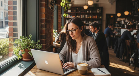 a woman working on a laptop in a cafe with a cup of coffee and a notebook on the table near the windowの素材