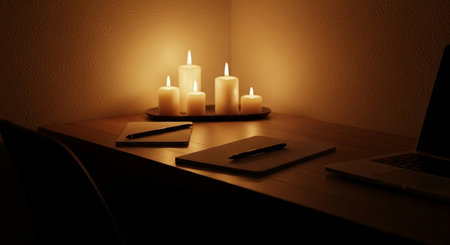 a warm and inviting scene featuring candles notebooks and a laptop on a desk in soft ambient lightingの素材