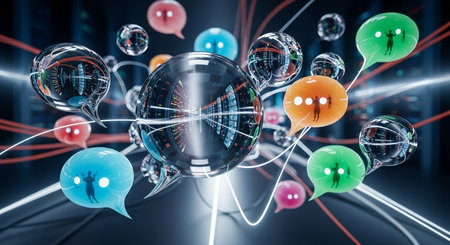 a digital illustration with colorful speech bubbles and reflective spheres connected by glowing lines on dark backgroundの素材