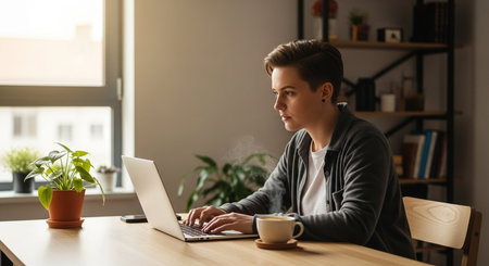 Side view of young man using laptop while sitting at table at homeの素材