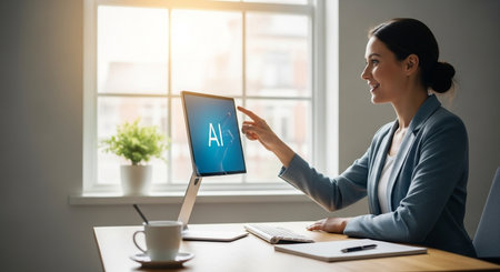 Concentrated businesswoman pointing at digital tablet with AI letteringの素材