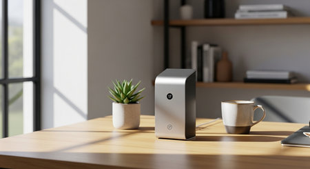 a bright desk scene with a sleek device, a succulent, and a coffee mug, creating a modern and minimalist vibe This image features a transparent background, making it versatile for various design projects.の素材