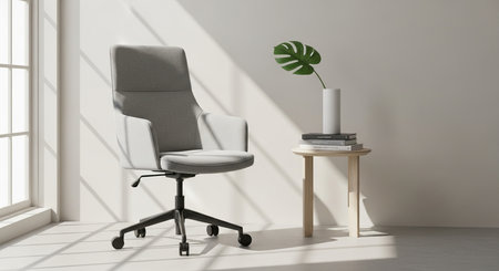 a gray office chair sits beside a small table with a plant in a bright, minimalist, modern interior This image features a transparent background, making it versatile for various design projects.の素材