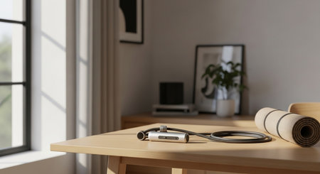 jump rope and yoga mat on wooden table, bright room, window light, minimalist, modern interior, fitness focus This image features a transparent background, making it versatile for various design projects.の素材