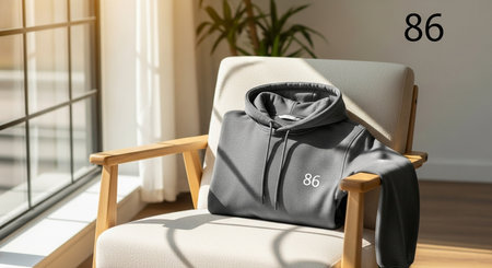 a gray hoodie with the number eighty six is placed on a cream chair near a window with natural lighting This image features a transparent background, making it versatile for various design projects.の素材